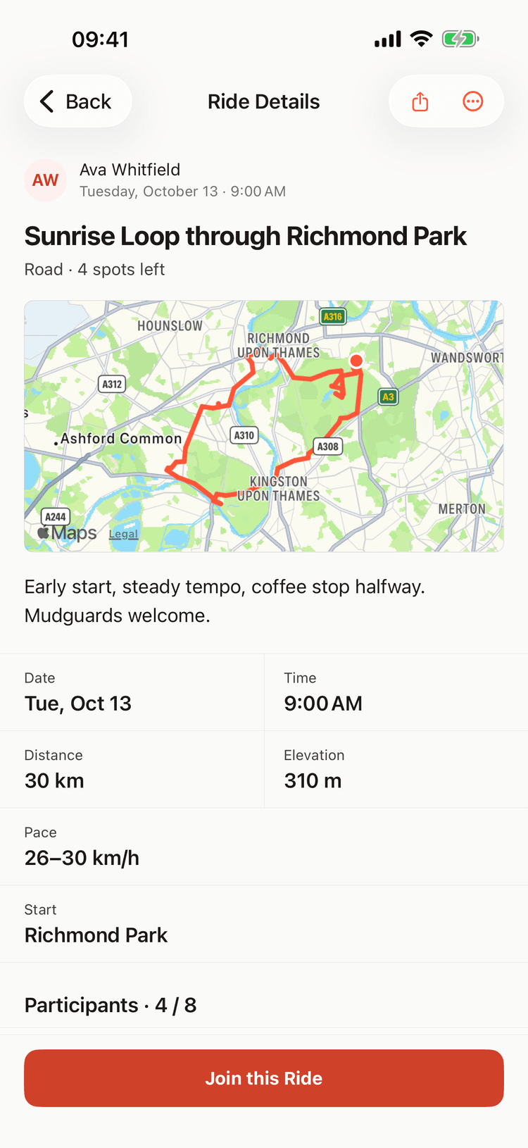 Draft app — ride details with the route map